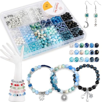 Tunmiok Glass Beads for Bracelets Making Kit, Jewelry Making Supplies with Charms, Crystal String, Spacer Beads, DIY Bracelet Necklace Craft Kit for Adults (Blue) - color: Blue