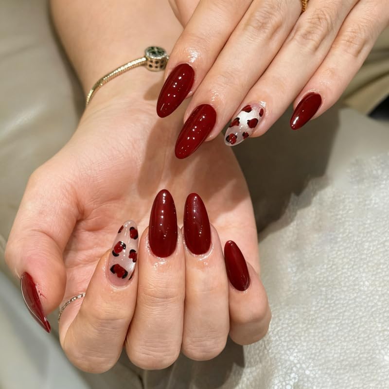 Almond Press on Nails Long Red Fake Nail Leopard Acrylic Nail Press ons Cat Eye Stick on Nail for Women 24pcs - color: Color26