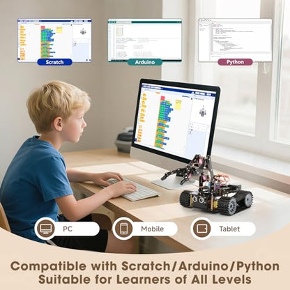 4 in 1 Robotics for Kids Ages 12-16, Smart Robot Arm with 5DOF + Tank Car, STEM Toys Compatible with Arduino & Scratch & Python, App & Remote Control, Gift for Kids & Teens & Adult - color: Black-a