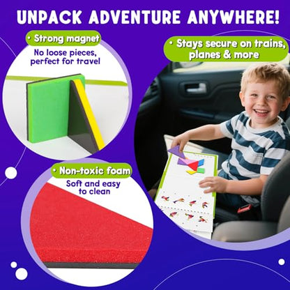 Travel Tangram Puzzle with 2 Sets Magnetic Pieces & 368 Patterns, Montessori STEM Airplane & Quiet Car Ride Games, Educational Brain Teaser Toy Gift for Kids Ages 4-8