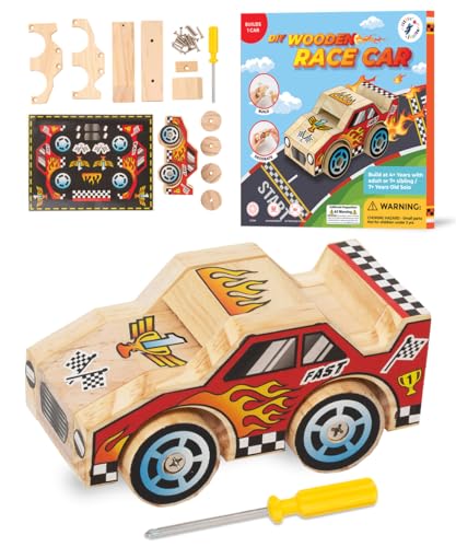 Little Jupiter DIY Wooden Kits w/Stickers - Building Kit - Stem Building Toys - Wood Crafts - Woodworking Kit - Wood Building for Ages 4-7 Yrs (Race Car) - size: Closed Wheel Race Car