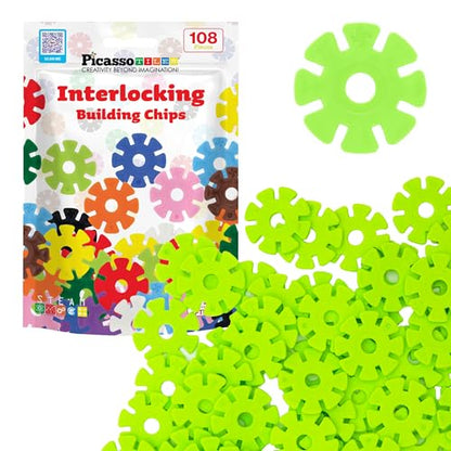 PicassoTiles Building Chips Interlocking Disc Construction Blocks in Light Green Color STEM Learning Early Education Toy Engineering Playset Child Brain Development for Girls Boys Kids Age 3+ PTF108 - color: Lgrn