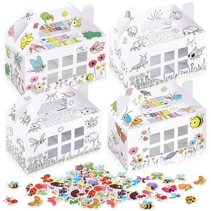 28 Pack Bug Hotel Box Color Your Own Cardboard Bug Catchers with Stickers, DIY Insect Critters Collection Gable Box with Window for Spring Summer Garden VBS Crafts Party Favors