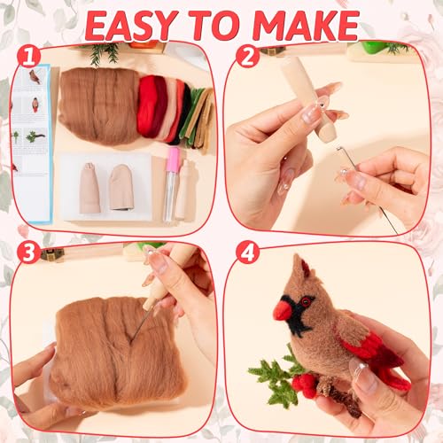 WATINC Needle Felting Kit - 3 Set Unique Different Cute Doll Wool Felt Needle Tools Foam Pad Instruction, DIY Home Decoration Craft Party Supplies for Art Work Starter Beginners (Cardinal) - style: Cardinal