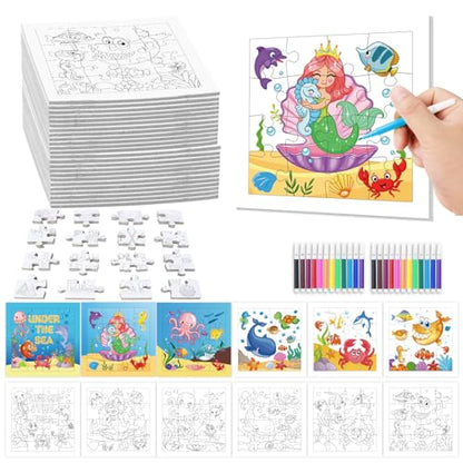 Fennoral 24 Pack DIY Coloring 0cean Animal Jigsaw Puzzle Craft Kit for Kids - color: Under The Sea