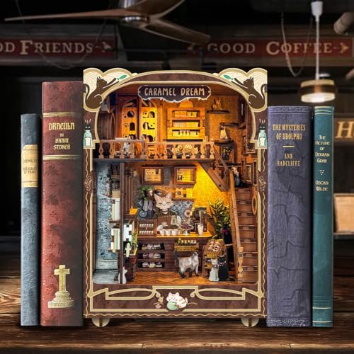 DIY Dollhouse Kit for Adults 2D Stereo Assembly Night Light Sensing Wooden Bookend Jigsaw Building Model (Caramel Dreams) - color: Caramel Dreams