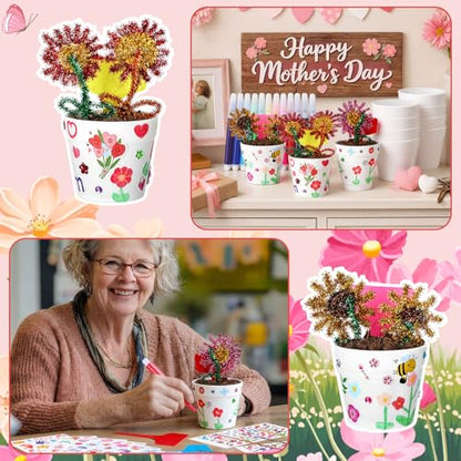 Funnymoom 48 Set Mother's Day Pot Crafts Paintable Flower Pot Craft Kit DIY with Watercolor, Pen Stickers, Plant Labels Garden Growing Kits for for Mom Spring Mother's Day Fun Activity - style: Mother's Day