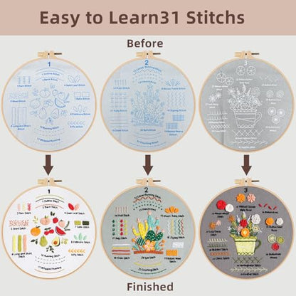 Herdiese Embroidery Kit for Beginners with 33-Stitch Practice Samplers - color: Flower-G (3 Pack)