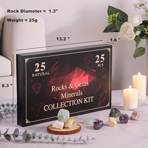 Rock Collection for Kids, 25PCS Crystal Gem Mineral Collection Set Box Gift for Boys and Girls, Natural Gemstone with Learning Guide Education Set