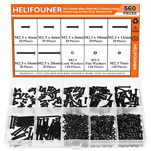 HELIFOUNER 560 Pieces M2.5 x 4mm /6mm /8mm /10mm /12mm /16mm /20mm, Button Head Socket Cap Screws Bolts Washers Nuts Kit, 10.9 Grade Alloy Steel, Full Threaded, Black - size: M2.5, style: Button Head