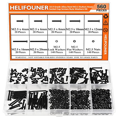 HELIFOUNER 560 Pieces M2.5 x 4mm /6mm /8mm /10mm /12mm /16mm /20mm, Button Head Socket Cap Screws Bolts Washers Nuts Kit, 10.9 Grade Alloy Steel, Full Threaded, Black - size: M2.5, style: Button Head