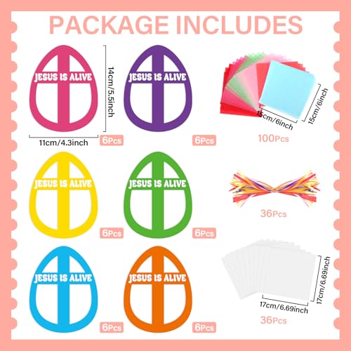 Qyeahkj 36 Set Easter Eggs Suncatchers Crafts for DIY Jesus is Alive Cross Window Tissue Paper Craft Kit Religion Hanging Decor for Church Home Activity Art Project Party Favor Gift - style: Jesus is Alive