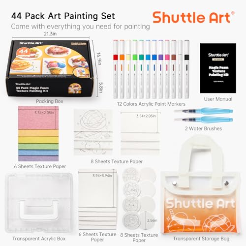Shuttle Art 44 Pcs Magic Foam Texture Painting Kit, Including 28 Pcs Foam Texture Paper, 12 Colors Brush Tip Acrylic Paint Markers, Magical 3D Effect Painting Kit - color: Original Kit - 44 Pcs
