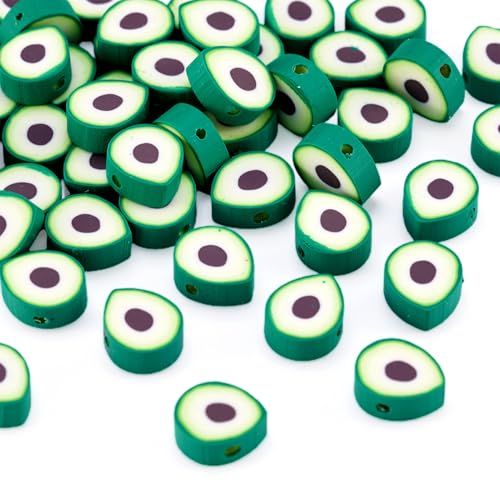 Elecrelive 50Pcs Avocado Polymer Clay Spacer Beads Green Fruit Clay Beads Food Slice Charms 11.5x9x5mm for Necklace Bracelets Earrings Key Chains Making - color: Green Avocado