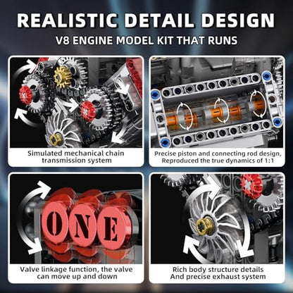 WINGIFT V8 Engine Building Set,V8 Engine Model kit that Run,Build Your Own STEM Mini V8 Model Engine Kit with Battery and Motor,8-Cylinder Car Engine Building Engineering Toys for Kids Adults(478PCS)