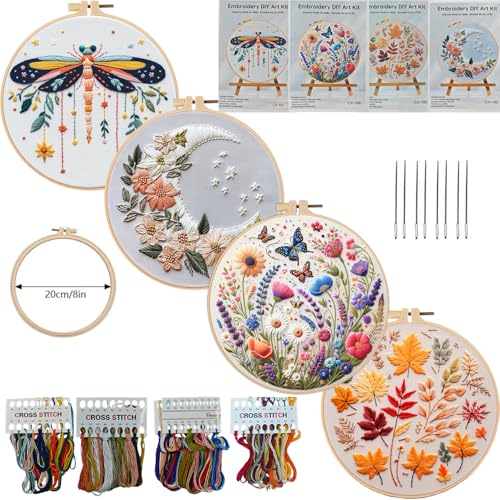 Huacan 4 Set Christmas Embroidery Kit Beginner Hand Embroidery Set for Home Decor, Includes Fabric Hoop (Beauty) - style: Beauty