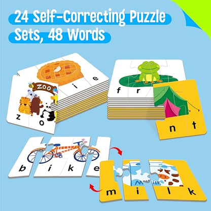 Self-Correcting Spelling Puzzles, Double-Sided Three and Four-Letter Word Spelling Cards with Picture Matching, 48 First Words Learning for Kindergarten Readiness, Preschool Ages 4+ - style: 24 Blocks Double Sided-B