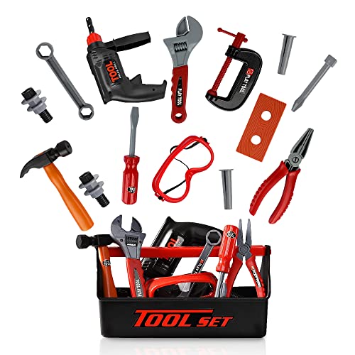 Playkidz Tool Box for Kids 22-Piece Boys & Girls Construction Toy Playset w/ Carry Chest, Working Push Button Power Drill, Hammer, Screwdriver, Wrench, Pliers, Saw & Other Realistic Tools Ages 3+