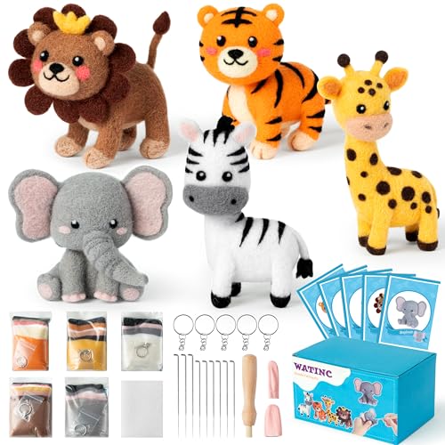 WATINC Needle Felting Kit - 5 Set Unique Different Cute Doll Wool Felt Needle Tools Foam Pad Instruction, DIY Home Decoration Craft Party Supplies for Art Work Starter Beginners (Wild Animal) - style: Wild Animal