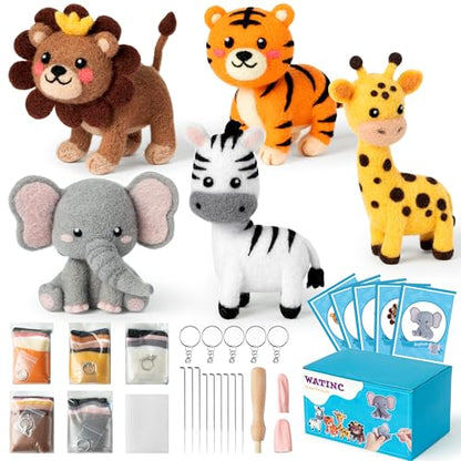WATINC Needle Felting Kit - 5 Set Unique Different Cute Doll Wool Felt Needle Tools Foam Pad Instruction, DIY Home Decoration Craft Party Supplies for Art Work Starter Beginners (Wild Animal) - style: Wild Animal