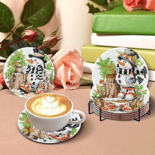 XUCNWL 8 PCS Christmas Diamond Art Coasters Kit, Scarf Snowman, 4X4 Inch - color: Christmas-1