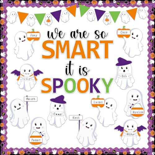 gisgfim Halloween Bulletin Board Decoration Set Halloween Cute Ghost Name Tag Paper Cutouts Ghost Classroom Bulletin Board Decor for Holiday School Home Wall(We are So Smart It is Spooky) - style: we are so smart it is spooky