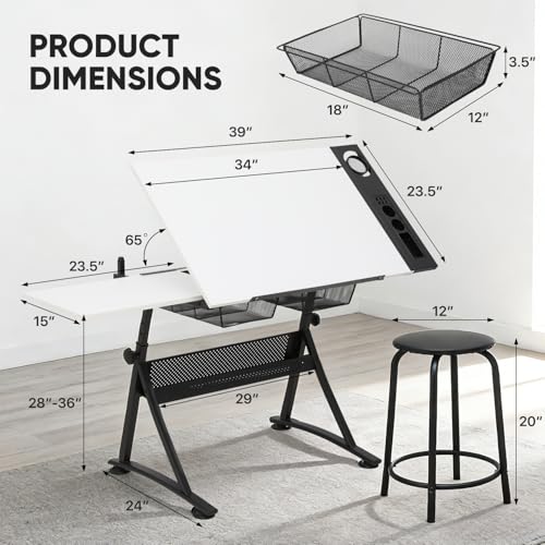Magshion Drafting Table for Adults w/Stool, White - color: White & Black