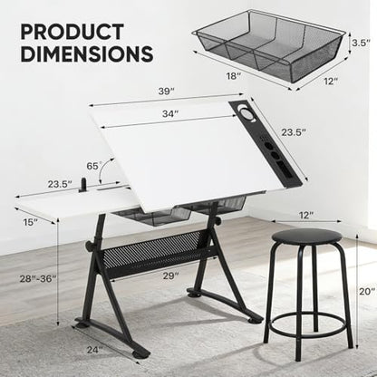 Magshion Drafting Table for Adults w/Stool, White - color: White & Black