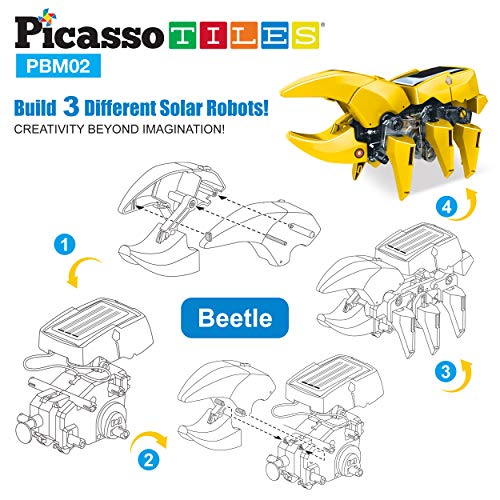 PicassoTiles Dinosaur Robot Solar Powered STEM Unique Transformation Renewable Sun Energy Educational Learning Engineering Building Toy 3-in-1 Science Experiment Kit Model Boys Girls Ages 8+ - color: 3-in-1 Transformation