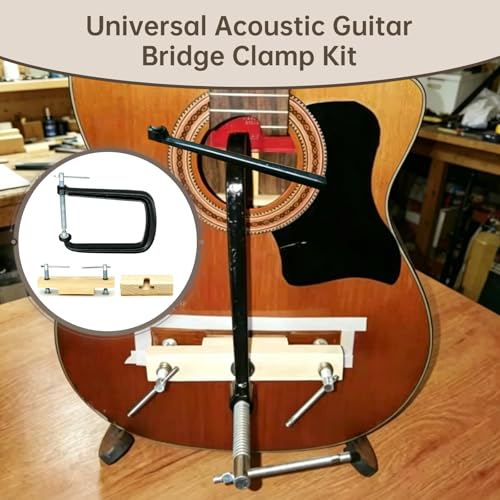 Acoustic Guitar Bridge Clamp, C-Shape Sturdy Iron Repair Tool with Wooden Fixture, Universal Folk Guitar Bridge Home/Professional Luthier Tool for Guitar Bridge Installation & Maintenance