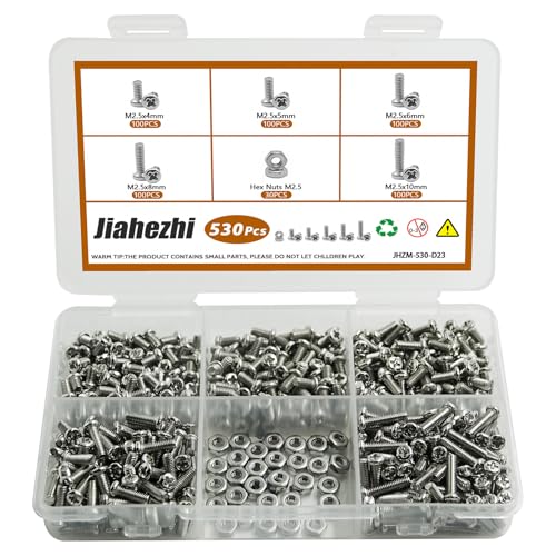530Pcs 304 Stainless Steel Metric Micro Screws Nuts Assortment, M2.5x4/5/6/8/10mm Sizes, Phillips Pan Head, Fully Threaded Kit for Arduino, RC Models, Electronics, DIY Projects - size: M2.5x4/5/6/8/10- 530 Pcs