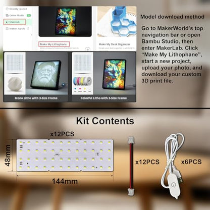 12PCS Lithophane LED Backlight Board Kit KC009 KC010 for Bambu Lab H2C/X1/P2S/A1 LED Light Board Backlights Makerworld Model Parts USB 3D Print Accessory Photo Model DIY Light Box - color: 12 PCS Lithophane LED