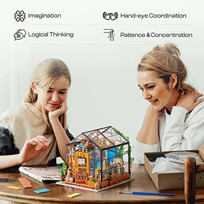 ROBOTIME DIY Miniature House Kit Mini Green House Tiny Dollhouse Wooden Furniture Kit with LED Halloween/Christmas/Birthday Gifts for Adults (Cathy's Greenhouse) - color: Cathy's Flower House