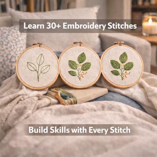 BUZZCRAFT Embroidery Starter Kit for Beginners & Adults, Learn 30+ Stitches, 10 Pre-Printed Practice Patterns, Hand Embroidery Kit with Hoop, Needles, Floss & Instruction Book, DIY Sewing Craft Kit