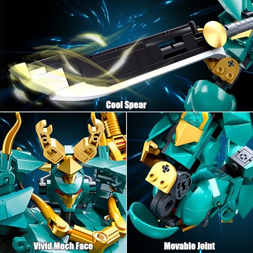 HIGH GODO Mech Robot Building Blocks Set for Adults, Cool Green Dragon Warrior Model Kit with Long Spear Toy Playset, 704 Pieces Collectible Mythical Ninja Gifts for Teens Ages 14+ - color: Green