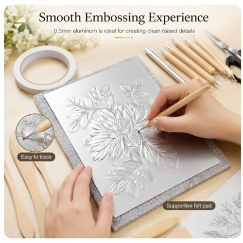 Yaocom 22 Pcs Metal Embossing Kit for Beginners, 0.3mm Thick Aluminum Sheets with Embossing Tools, Stylus, Tracing Paper and Felt Pad, 8 x 12 Inch DIY Craft Set for Art, Frame Not Included