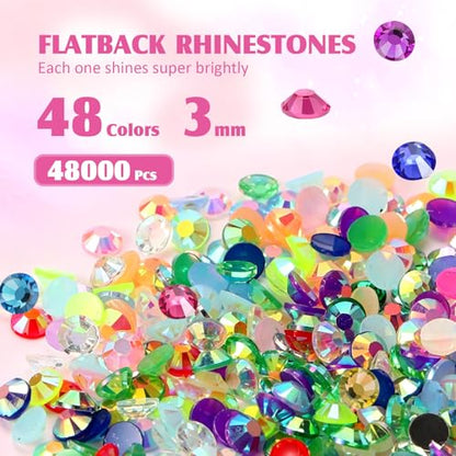 48000 Pcs Resin Rhinestones Kit for Crafts, 48 Colors 3mm Flatback Jelly Gems with 5 B7000 Glue, Dotting Pens, Tweezers & Trays, Bedazzling Kit for Nails, Tumblers, DIY Crafts