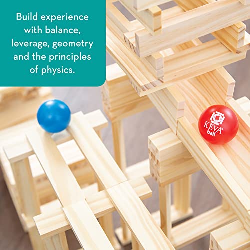 MindWare KEVA Contraptions, Wooden Blocks Building Set, Marble Run Kit, Includes 2 Balls - 200 Planks