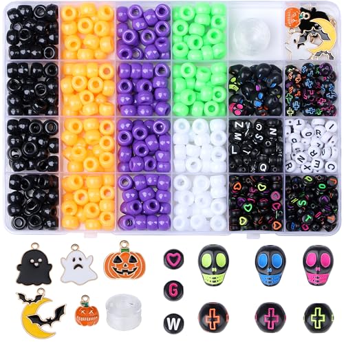 XIANNVXI 10Colours Halloween Pony Letter Beads Set Friendship Bracelet Making 640pcs Orange Purple Green White Letter Pony Beads Bulk - color: Halloween A