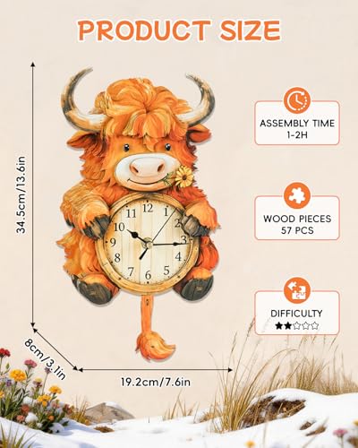3D Puzzles for Adults-Wooden Highland Cow Clock Puzzle DIY Clock Model Kit