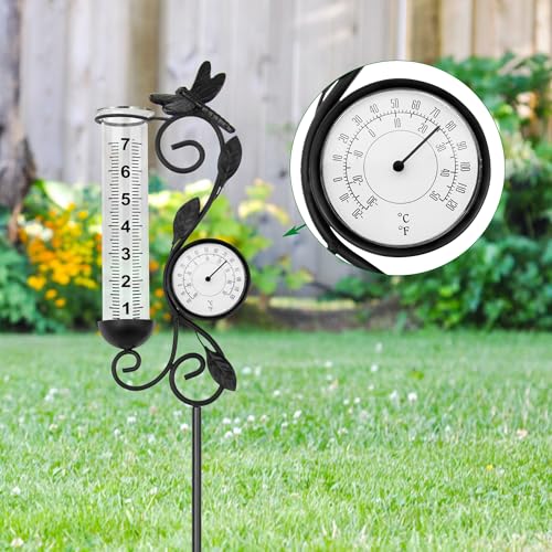 36in Dragonfly Rain Gauge Thermometer Black Metal Garden Stake Decor - color: Black Dragonfly