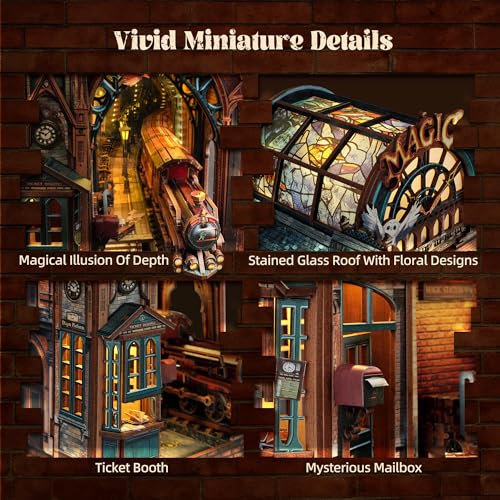 FUNPOLA LED 3D Puzzle Magic Station Book Nook Kit - Interactive 3D Wood Puzzle LED Magical Miniature with Infinite Extension Space - DIY Bookshelf Insert Decor Gifts(Magic Station) - color: Magic Station