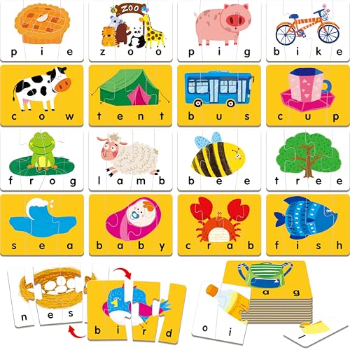 Self-Correcting Spelling Puzzles, Double-Sided Three and Four-Letter Word Spelling Cards with Picture Matching, 48 First Words Learning for Kindergarten Readiness, Preschool Ages 4+ - style: 24 Blocks Double Sided-B