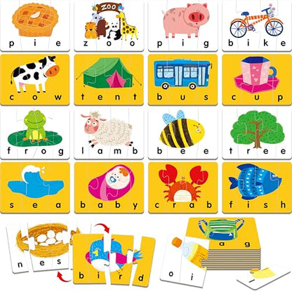 Self-Correcting Spelling Puzzles, Double-Sided Three and Four-Letter Word Spelling Cards with Picture Matching, 48 First Words Learning for Kindergarten Readiness, Preschool Ages 4+ - style: 24 Blocks Double Sided-B