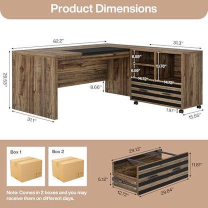 Tribesigns 62.2" L-Shaped Executive Desk with Mobile File Cabinet - color: Light Brown and Black