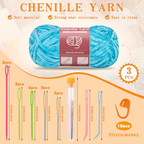 LUNARM Chenille Yarn 3 Pack 3.5oz Chunky Blanket Velvet Yarn 263 Yard - color: Blue