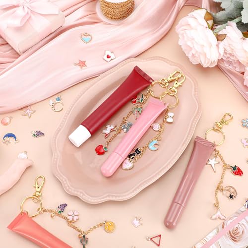 VioraWhite 213 Pcs Keychain Making Kit Bag Charm Kit Stylish Lip Gloss Keychain Making 100 Pink Enamel Charms 32.81 ft Gold Chains for DIY Crafts Women - style: Stylish