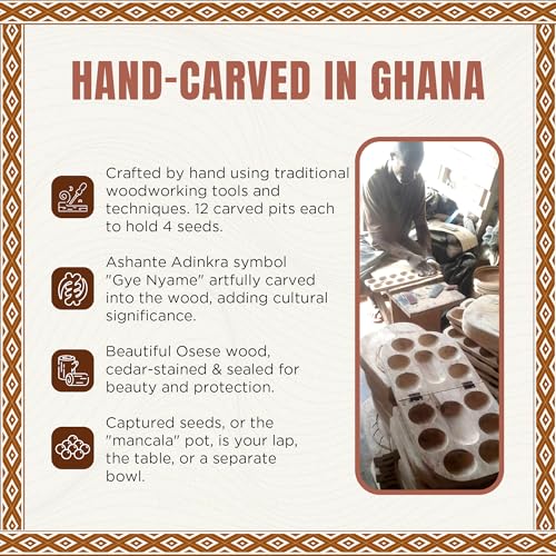 Africa Heartwood Project African Oware Mancala Board - Hand-Carved Solid Wood with Adinkra Symbol, Wooden Folding Mancala Design, 16" Board with 48 Grey, Green Tear Seeds and Playing Instructions