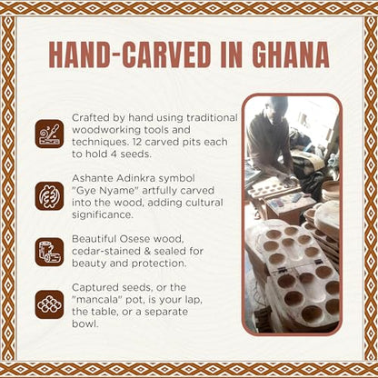 Africa Heartwood Project African Oware Mancala Board - Hand-Carved Solid Wood with Adinkra Symbol, Wooden Folding Mancala Design, 16" Board with 48 Grey, Green Tear Seeds and Playing Instructions