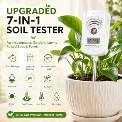 2026 Soil Tester, 7-in-1 Soil Test Kit for Moisture, pH, Fertility, Temperature, Humidity and Light, Digital Soil Meter for Garden, Lawn, Farm, Indoor and Outdoor